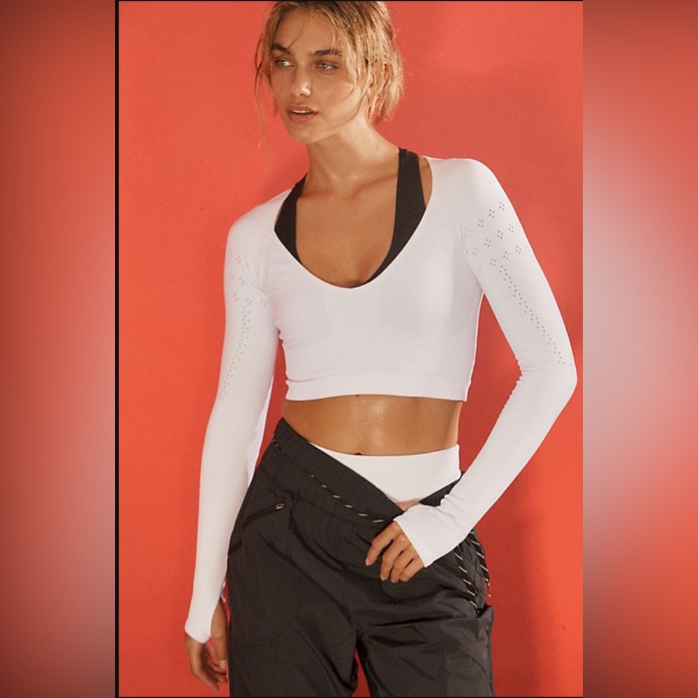 Free People Movement Good Karma Crop Long Sleeve Layer Top White Sz XS/S